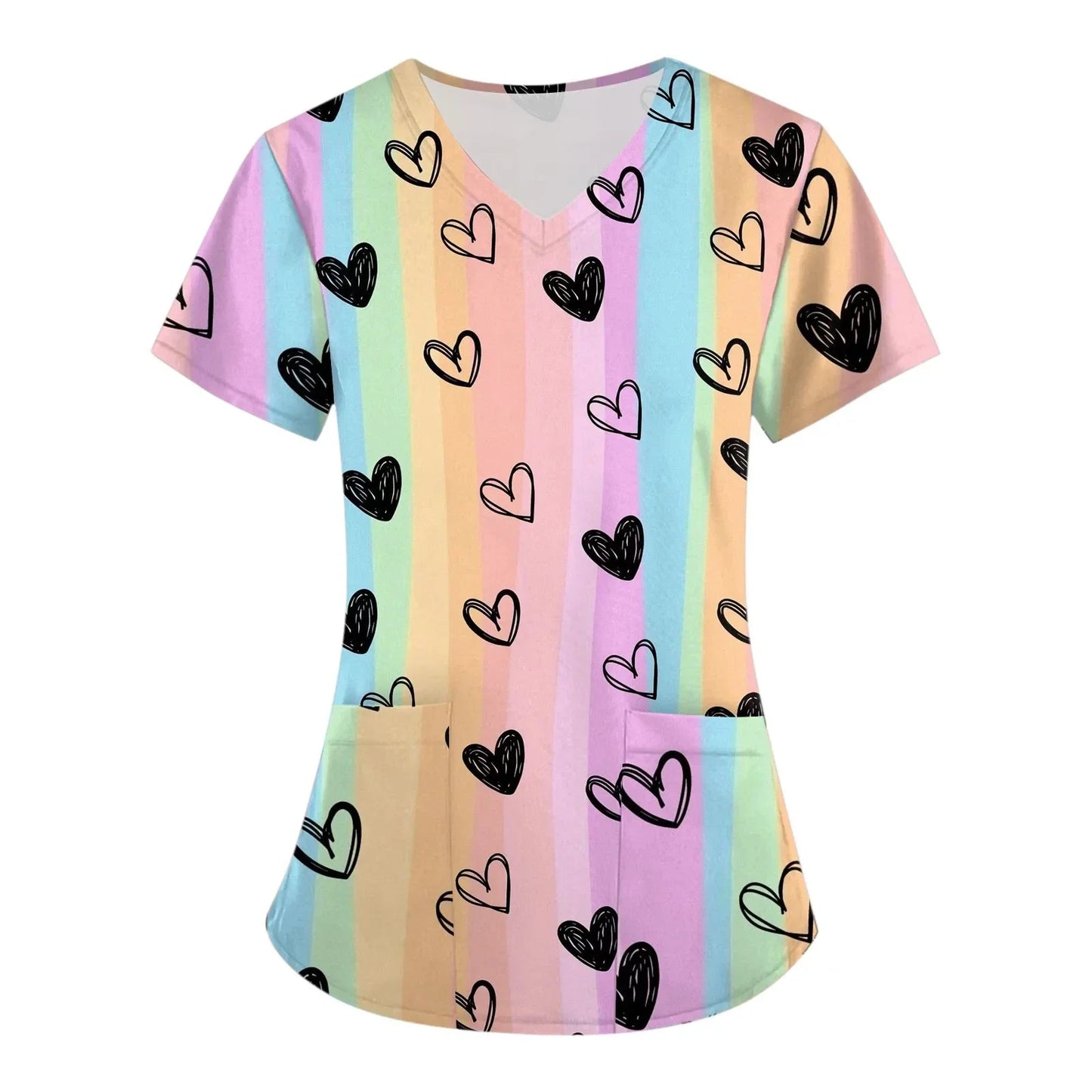 Smile Heart Print Short Sleeve V-Neck Pocket Design Tops Scrubs Women's Blouse