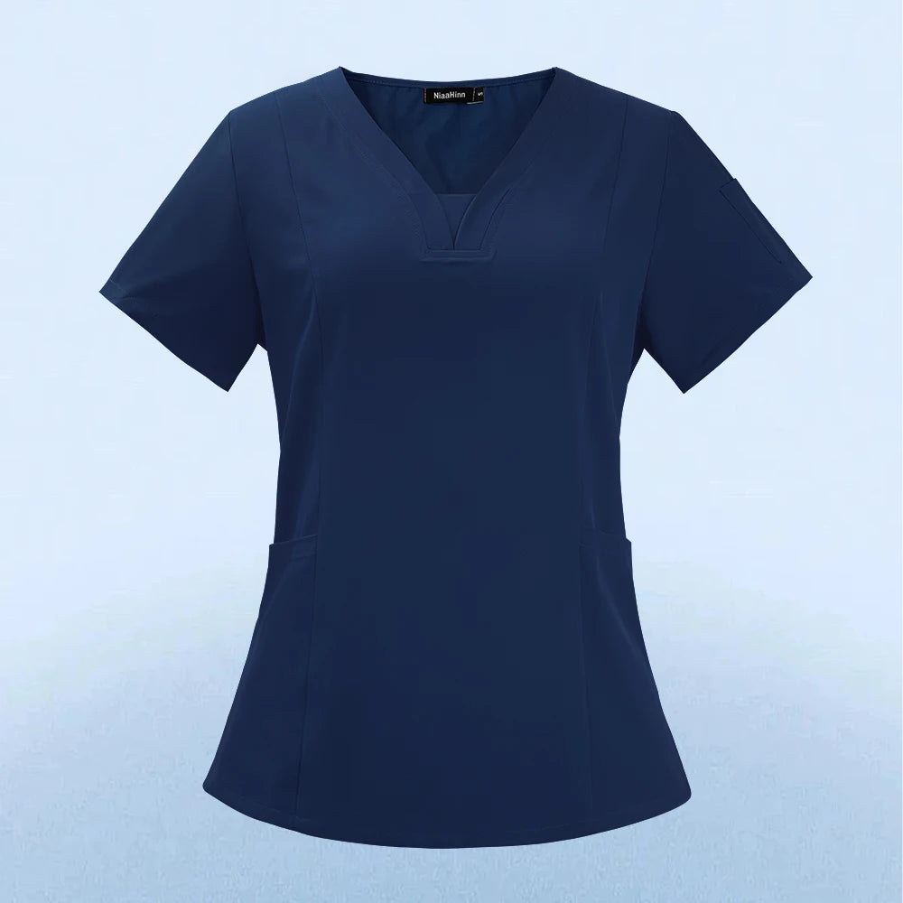 Wholesale Fashion Scrub Tops Hospital Doctor Nurse Working Uniform Solid Color Unisex Surgical Gown V-neck Scrubs Top for Women