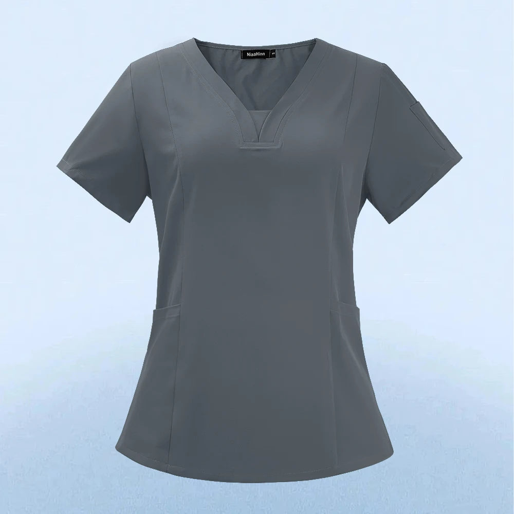 Wholesale Fashion Scrub Tops Hospital Doctor Nurse Working Uniform Solid Color Unisex Surgical Gown V-neck Scrubs Top for Women