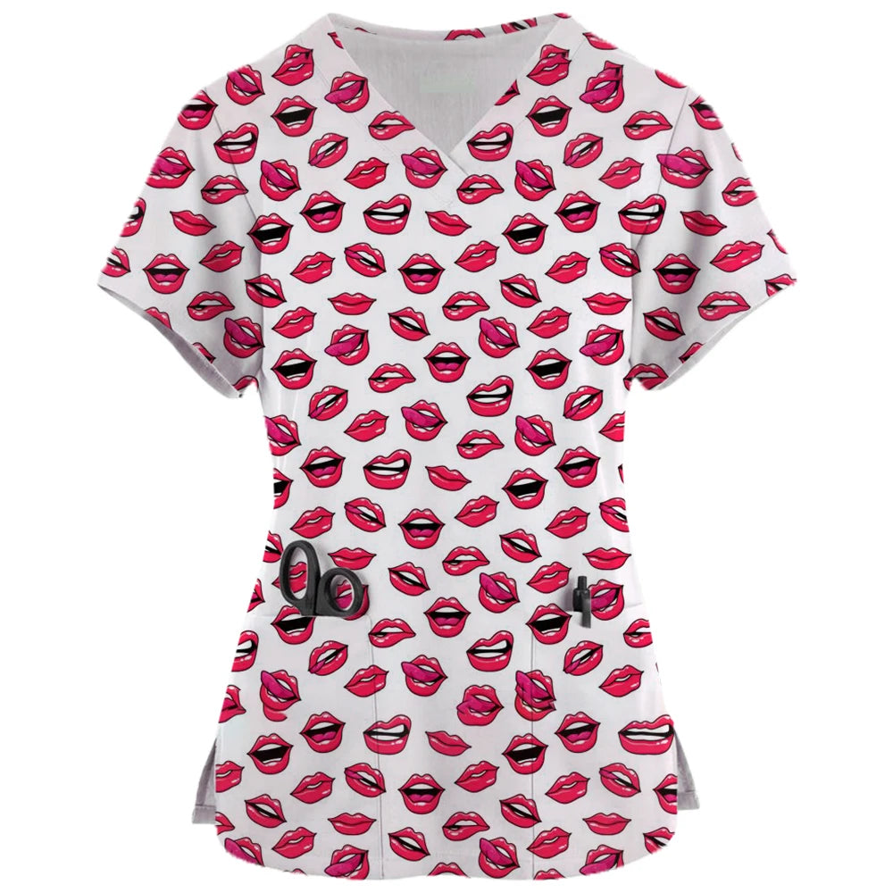 Print Scrubs Top Women with Pockets V-Neck Scrub Uniforms